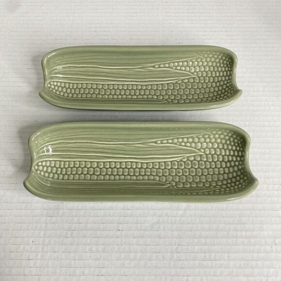 Pfaltzgraff Green Corn on the Cob Ceramic Footed Holder Dish Lot-2 - Picture 2 of 3